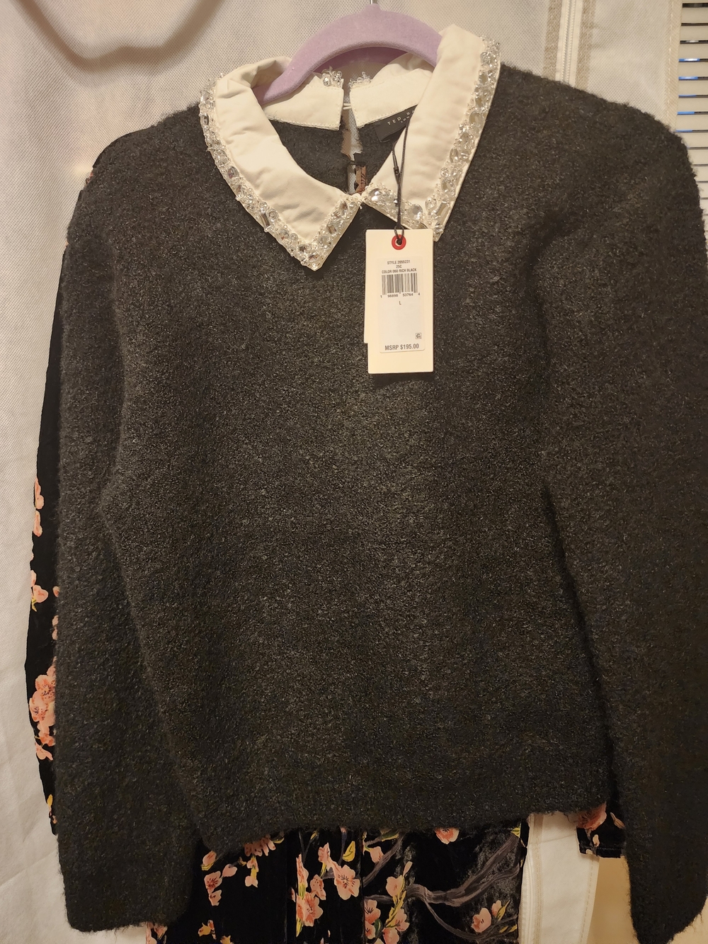 Ted Baker London Charcoal Crewneck Sweater with Embellished White Collar